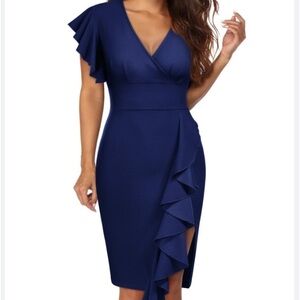 Knitee Women's Deep-V Neck Ruffle Sleeves Cocktail Party Pencil Slit Dress blue